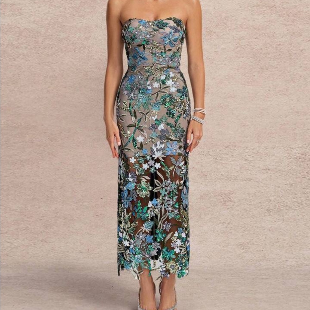 Strapless Floral Embroidered Dress